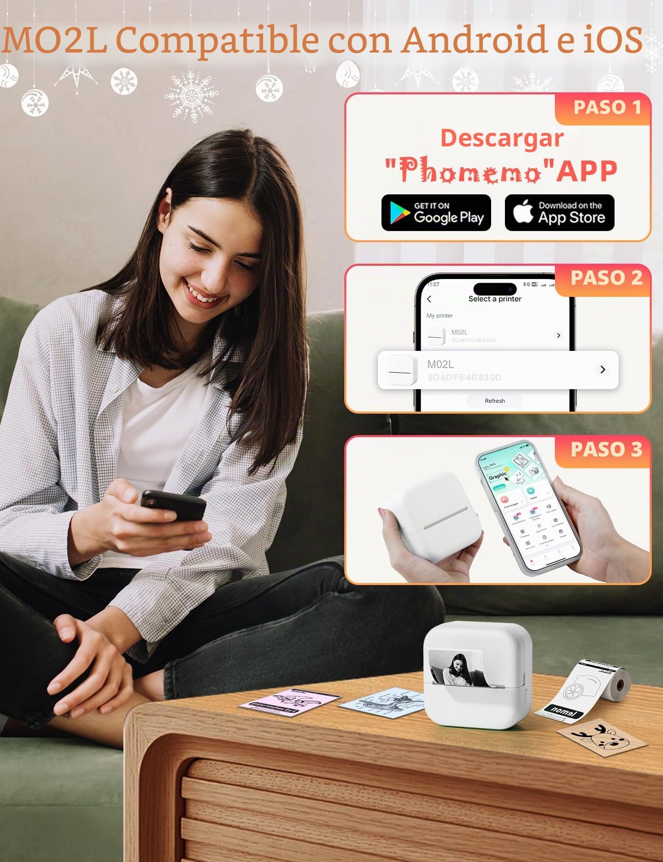 Memoking Mini Impresora Termica - M02L Mini Impresora Portatil, Impresora Pegatinas Autoadhesivas con 1 Rollo de Papel, Impresora Pegatinas para Fotos, Notas de Estudio, Diarios, Diversión, Regalo | Mini impresora con 1 rollo de papel adhesivo, impresora