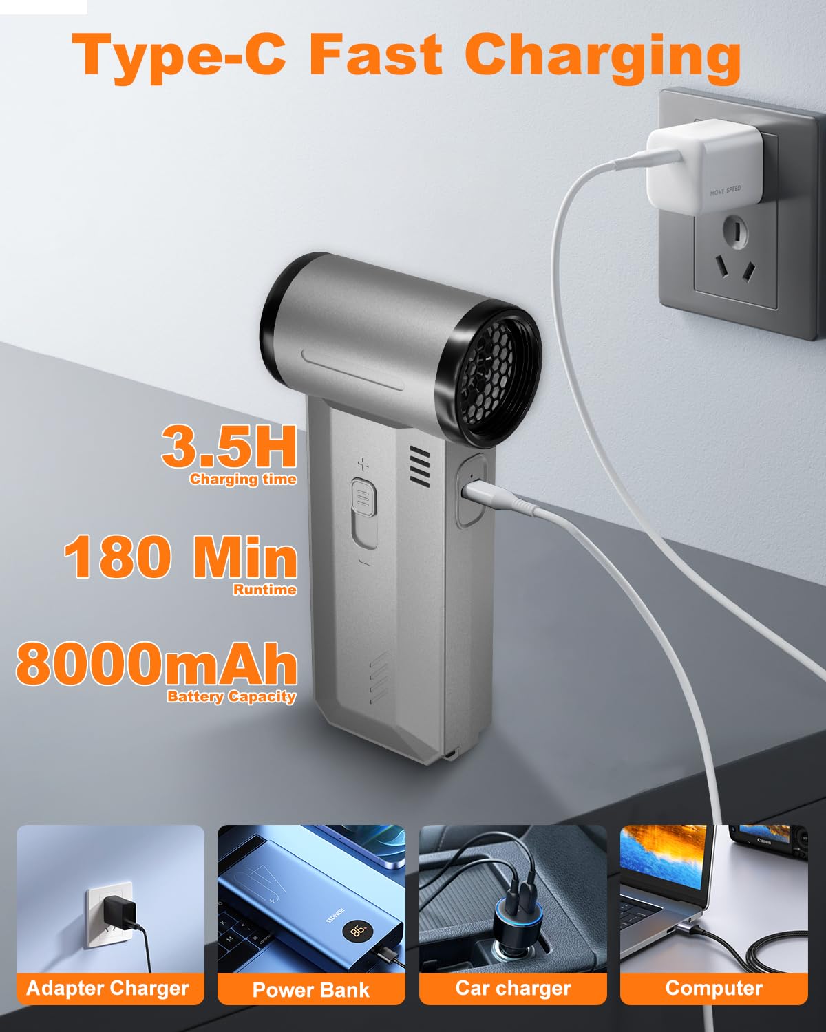 Souffleur Air Comprimé PC, 2 in 1 Souffleur & Aspirateur, 200000 tr/min Grande Vitesse Réglage Infini Bombe Air Sans Fil Puissant avec Batterie 8000mAh, Compucleaner pour Clavier, Voiture, Canapé