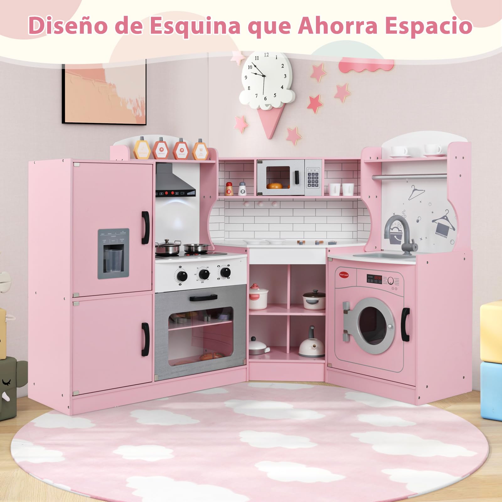 GOPLUS Cocina de Juguete de Esquina para Niños, Cocinita Infantil con Máquina de Hielo, Microondas, Estufa, Horno, Fregadero, Lavadora, con Luces y Sonidos para Niños Pequeños de 3-10 Años (Rosa)