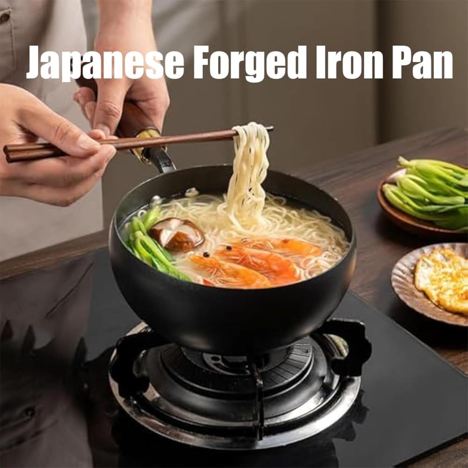 Padella in ferro non rivestita, padella in Sartén de hierro sin revestimiento, sartén japonesa Suntuup, wok de fondo redondo con tapa, wok pequeño de fondo plano sin revestimiento (30cm)