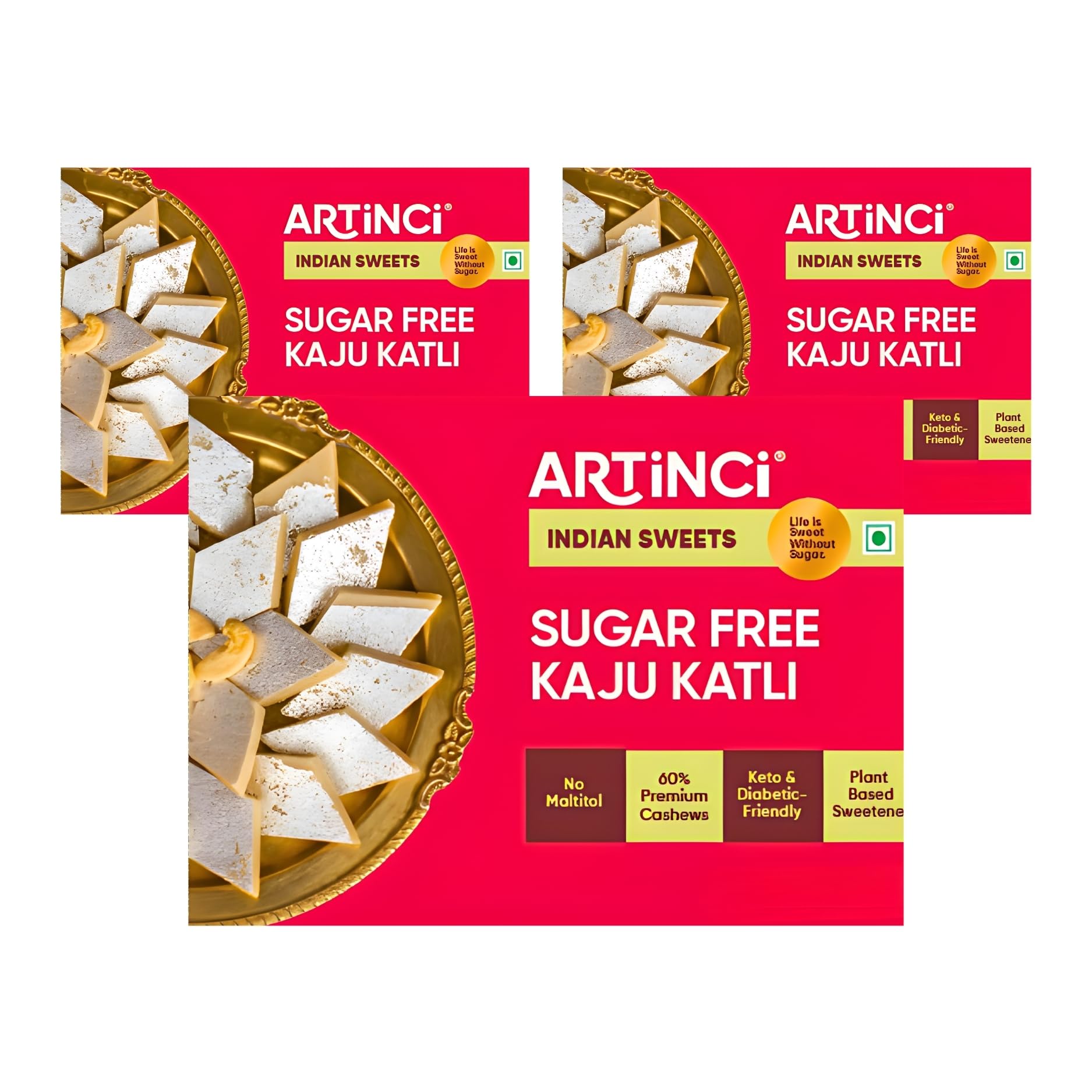 Artinci Sugar-Free Kaju Katli (Pack of 3) - Premium Cashew Sweet, Gluten-Free, Daibetic Friendly, High-Protein, Healthy Dessert, Vegan-Friendly, Low-Glycemic, Guilt-Free Treat