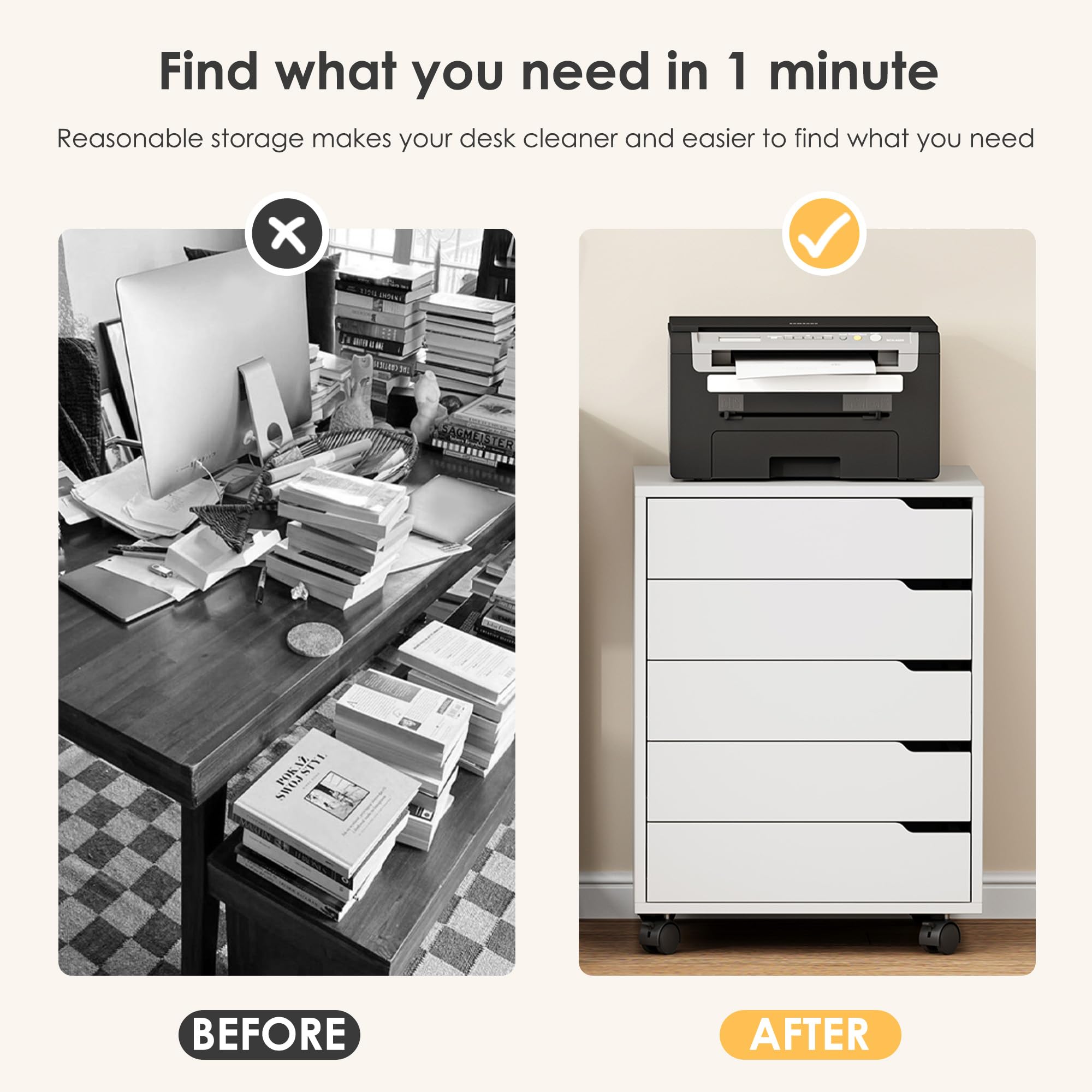 SDHYL 5-Schublade vertikaler Aktenschrank mit Griffen, rollwagen mit schubladen， rollcontainer mit schubladen，unter Schreibtisch Schublade Lagerung für Home Office, 5 Schubladen,weiß