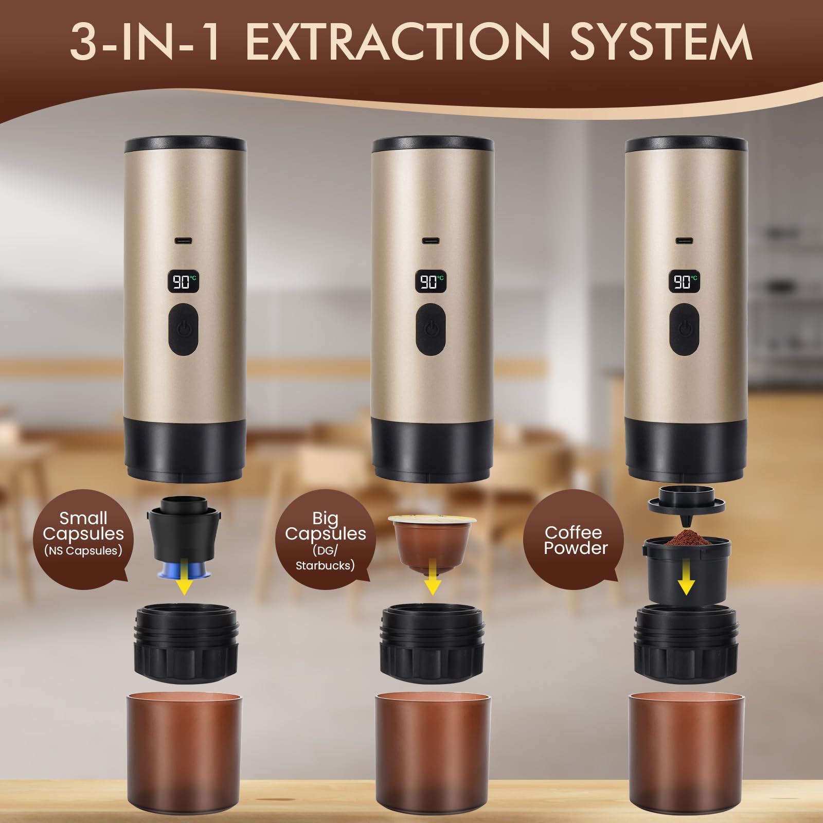 LAMA Máquina de café portátil, máquina de café espresso eléctrica con puerta de café mini máquina de cápsulas, compatible con cápsulas café molido, calentador instantáneo, para camping viajes, champán