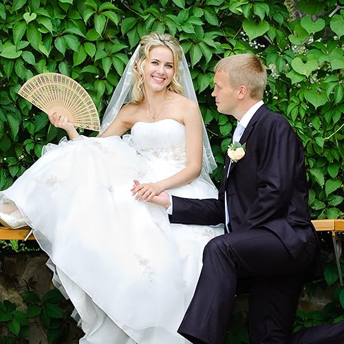 Miniatura 5 de MCEAST Paquete de 60 ventiladores plegables de madera de sándalo a granel, ventiladores de mano de madera de 7.9 pulgadas con bolsas de organza,