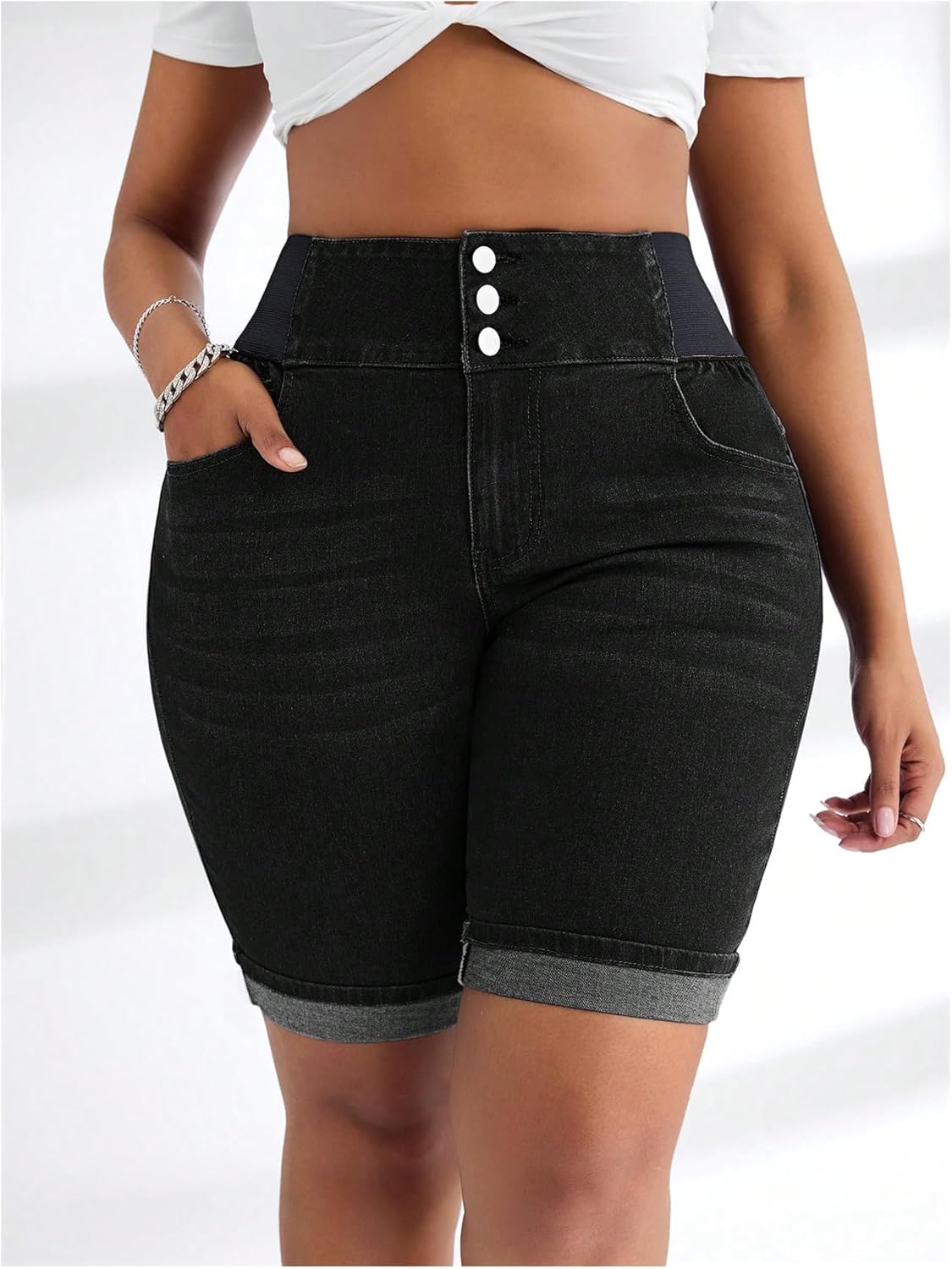 GORGLITTER Women's Plus Size Jean Shorts Stretchy High Waist Roll Hem Denim Bermuda Shorts Bottoms Dressy Casual - Image 5