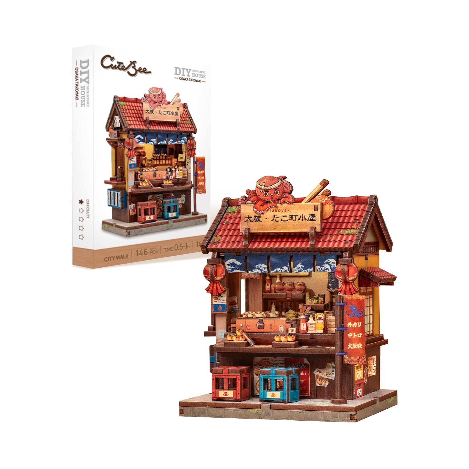 CUTEBEE 3D Wooden Puzzle for Adults, Beginner Friendly Miniature Model Kit, Japanese Street Food Stall DIY Craft & Shelf Decor Gift (Osaka Takoyaki)
