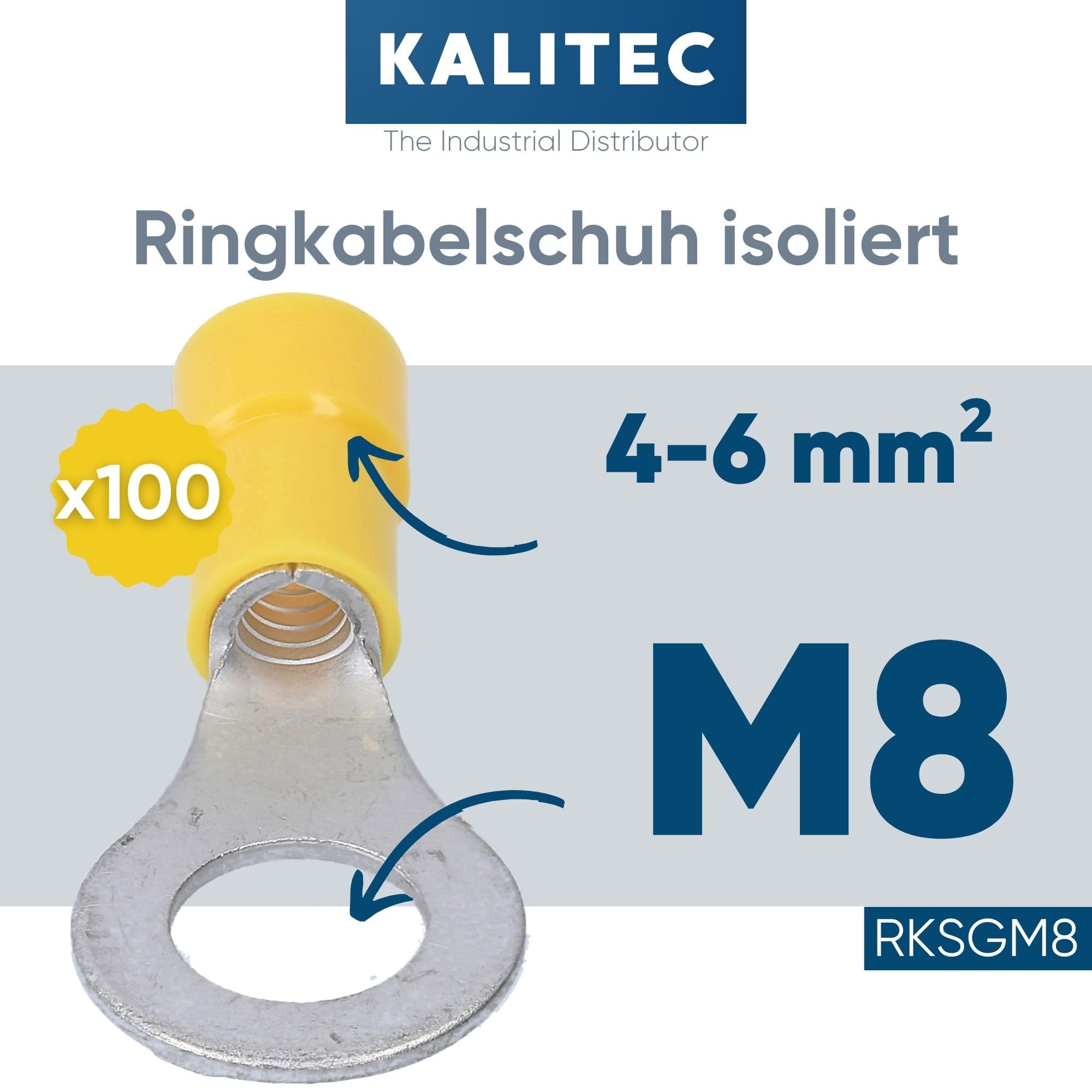 Kalitec 100x Ringkabelschuh 4-6mm² M8 Gelb - Teilisoliert | Kupfer-Kabelverbinder mit PVC-Kragen für sichere Elektroinstallationen - Kompatibel mit Crimpzange im KFZ- & Hifi-Bereich