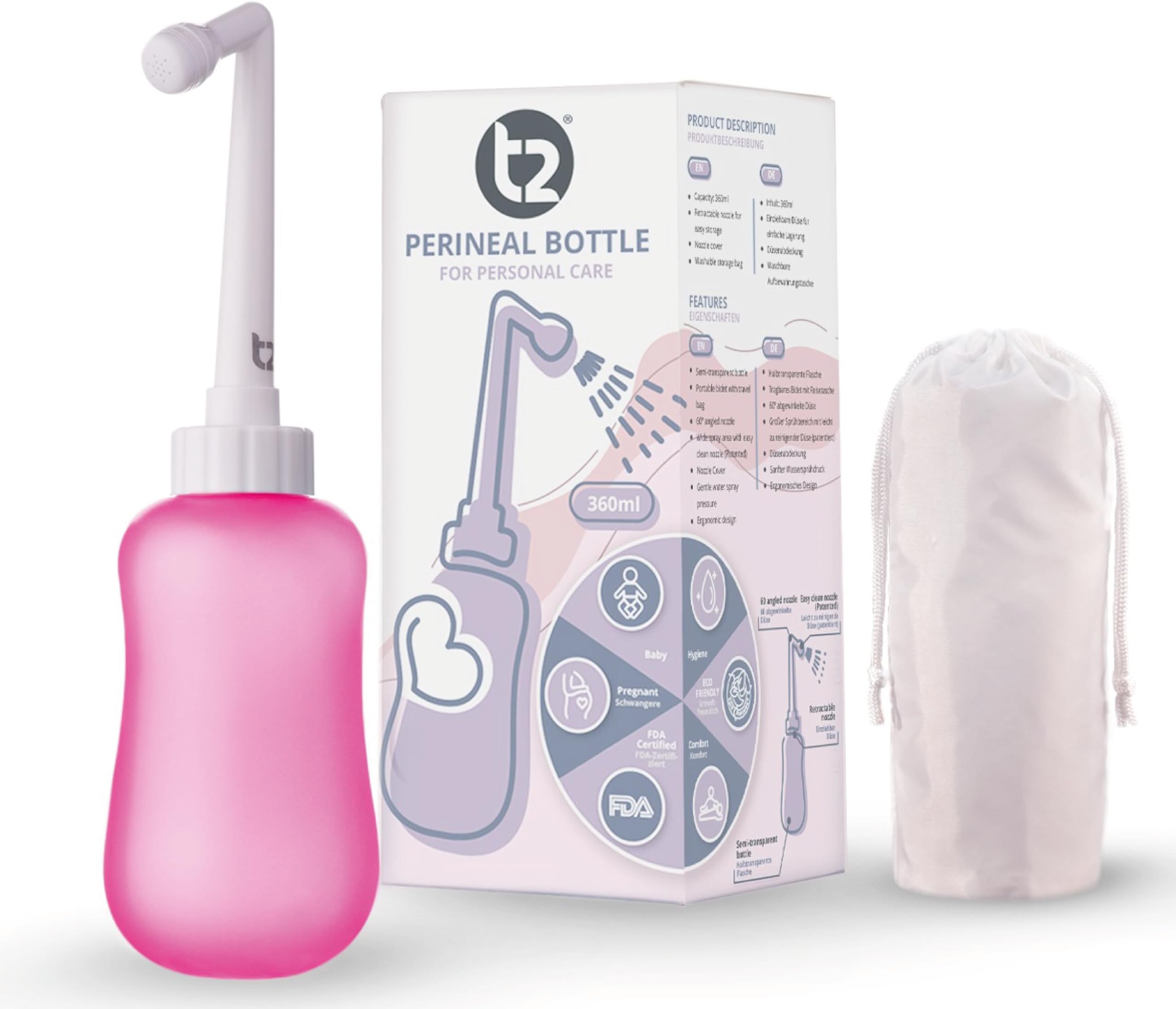 Peri Bottle - Portable Bidet for Postpartum Care, Perineal Pain Relief - 360ml Squeeze Bottle with 60° Nozzle & Washable Storage Bag - Hospital Bag Maternity Essential, Gift for Mum to Be