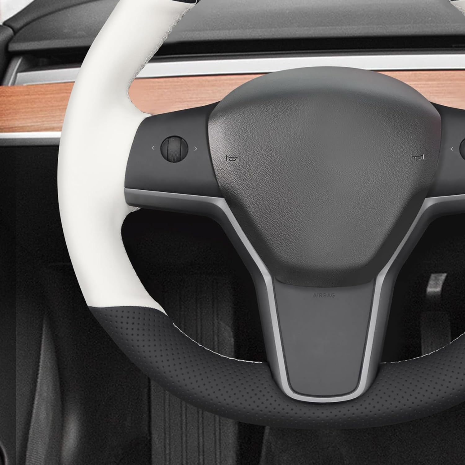 MEWANT Stitching Black White Faux Leather Steering Wheel Cover for Tesla Model Y Model 3 Steering Wheel Wrap Accessory