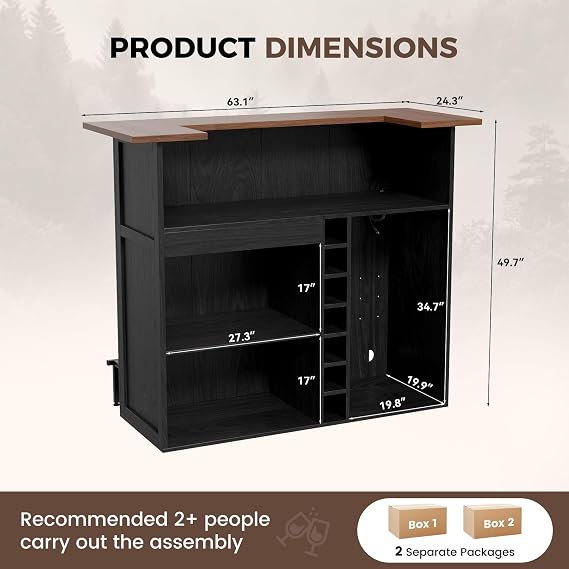 63-Inch U Shaped Home Bar Unit with Fridge Space & 24.3 Side Wings, Indoor Bar with LED Strip, Basement Bar Table with Stemware Racks & Drawer, Bar Furniture for Home (Black & Walnut)