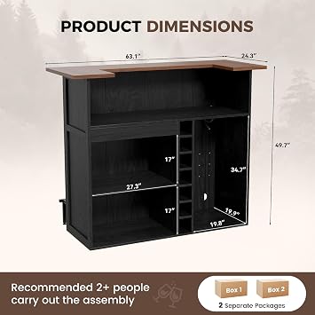 63-Inch U Shaped Home Bar Unit with Fridge Space & 24.3 Side Wings, Indoor Bar with LED Strip, Basement Bar Table with Stemware Racks & Drawer, Bar Furniture for Home (Black & Walnut)