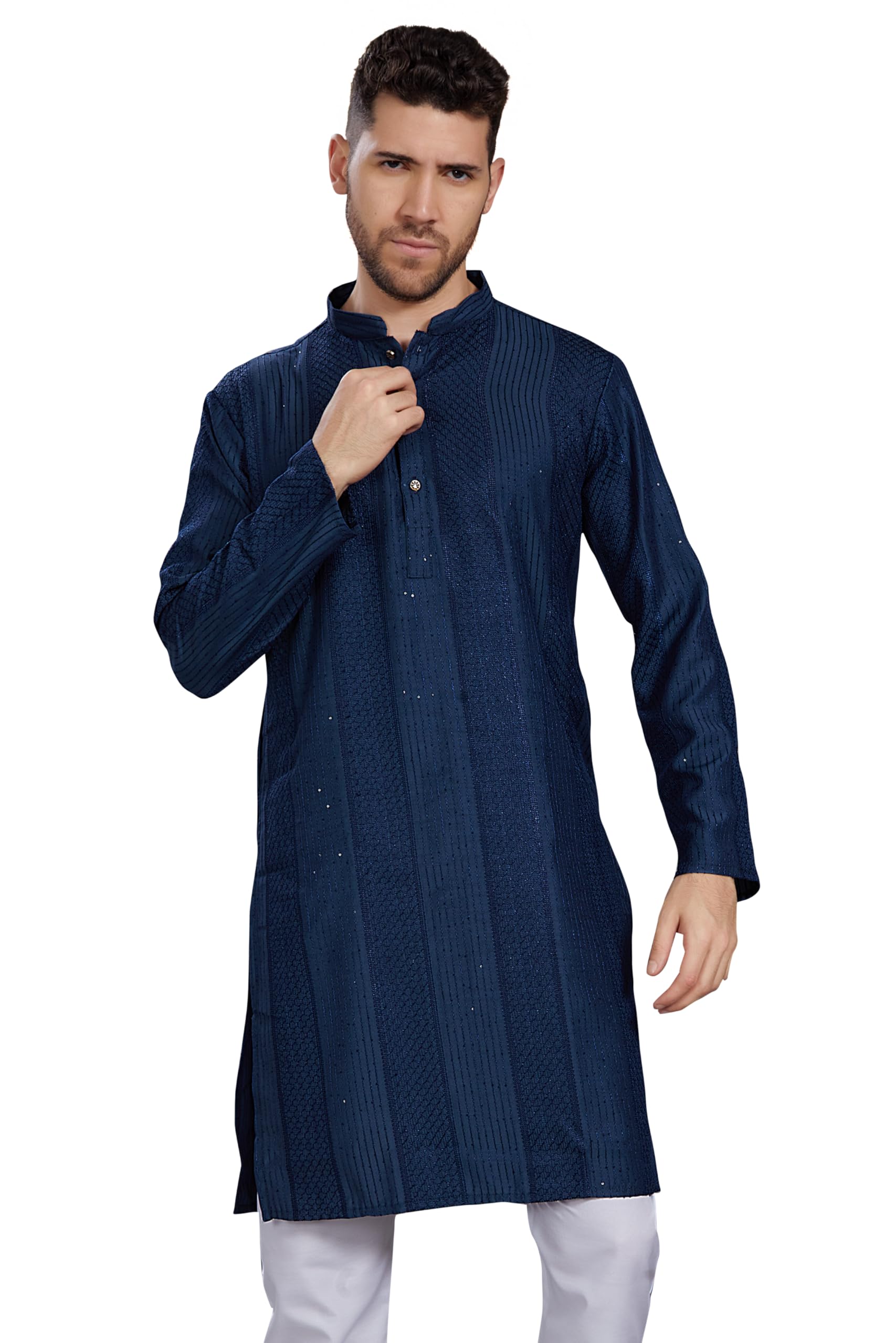Divisive Men's Thread Embroidered Cotton Blend Only Slim Fit Kurta (Dkrt778_Xl_Navy)