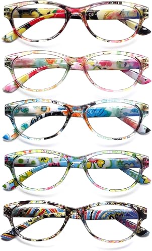 SIGVAN 5 pares de lentes de lectura con diseño de ojo de gato para mujer, con bloqueo de luz azul, bisagra de resorte, estampado de moda para mujer