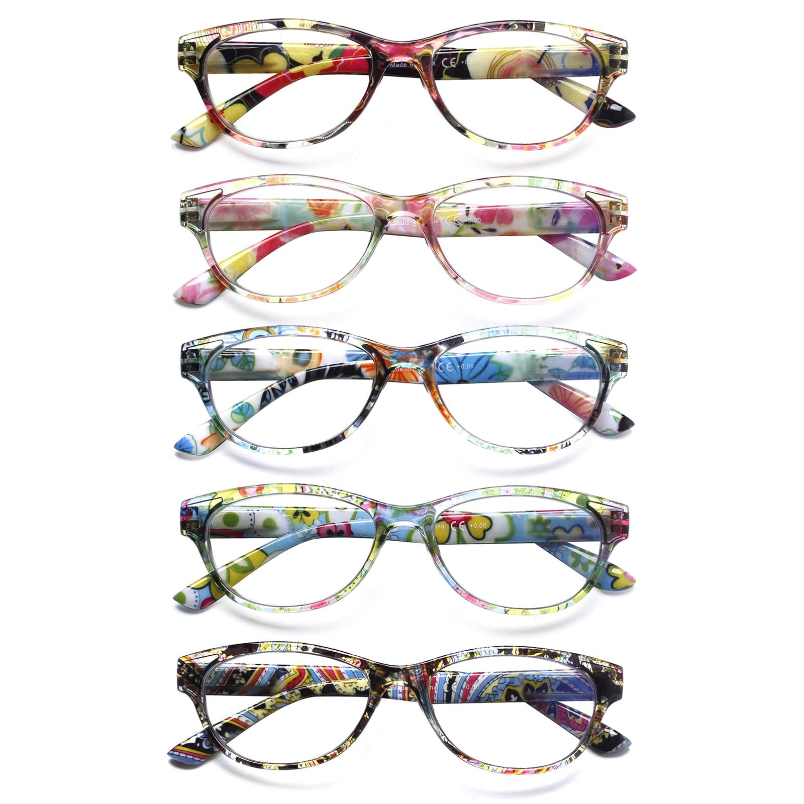 SIGVAN Ladies Cat Eye Reading Glasses 5 Pairs Blue Light Blocking Spring Hinge Fashion Pattern Print Readers for Women