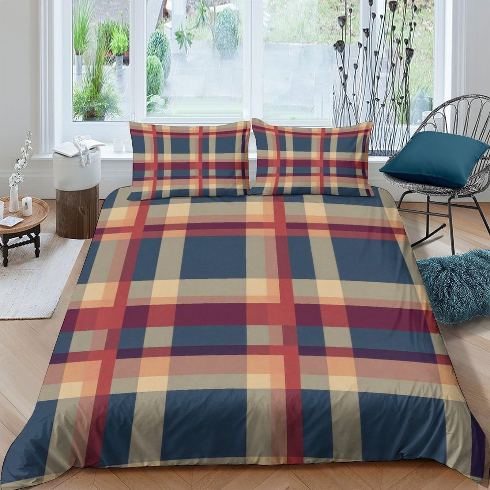 GPLZQXKJNH 3D Printed Checked Plaid Duvet Cover Microfiber Soft Breathable Tartan Stripe Bedding Set with 2 Pillowcases for Bedroom Home Single（135x200cm）
