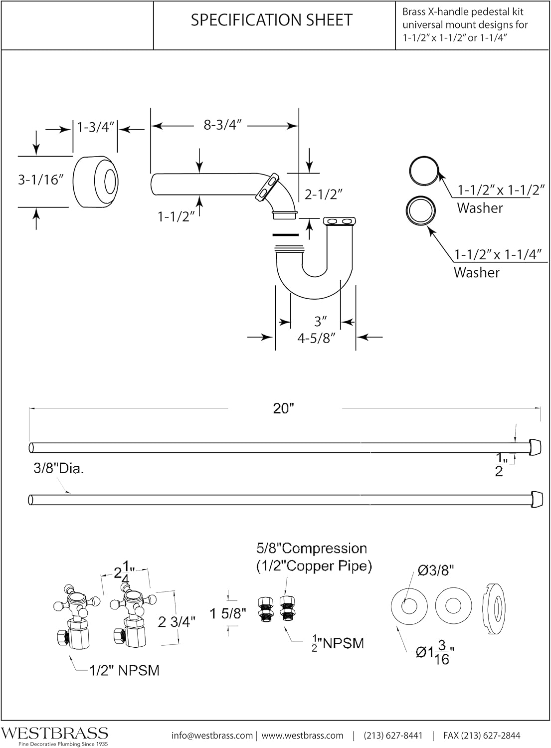 Westbrass A1838L-01 Freestanding Pedestal Sink Faucet Supply Line Risers with P-Trap, Flanges and Cross Handles, Polished Brass