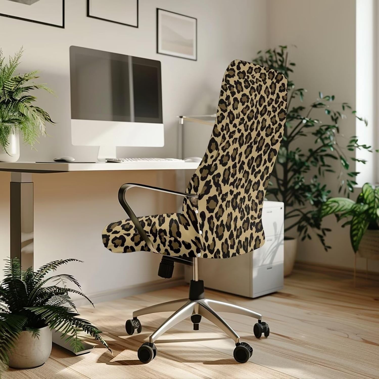 Wanyint Leopard Print Khaki Office Computer Chair Cover Non-Slip Decorative Boss Rotating Office Chair Cover Desk Computer Chair Cover with Elastic Bottom, S