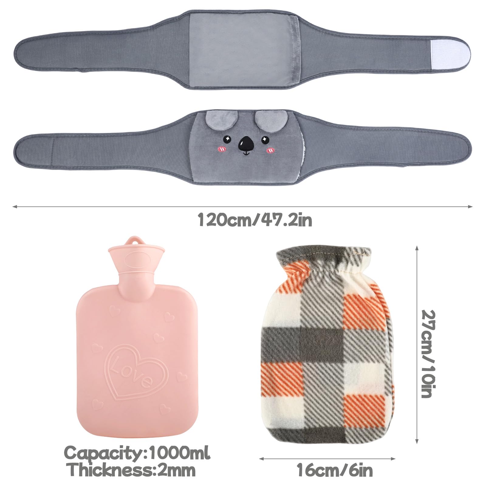 Bolsa de agua caliente 1L 120cm - bolsa agua caliente Koala con funda y cinturón lumbar, suave y cómodo, apto para cuello, hombros, espalda, piernas y cintura