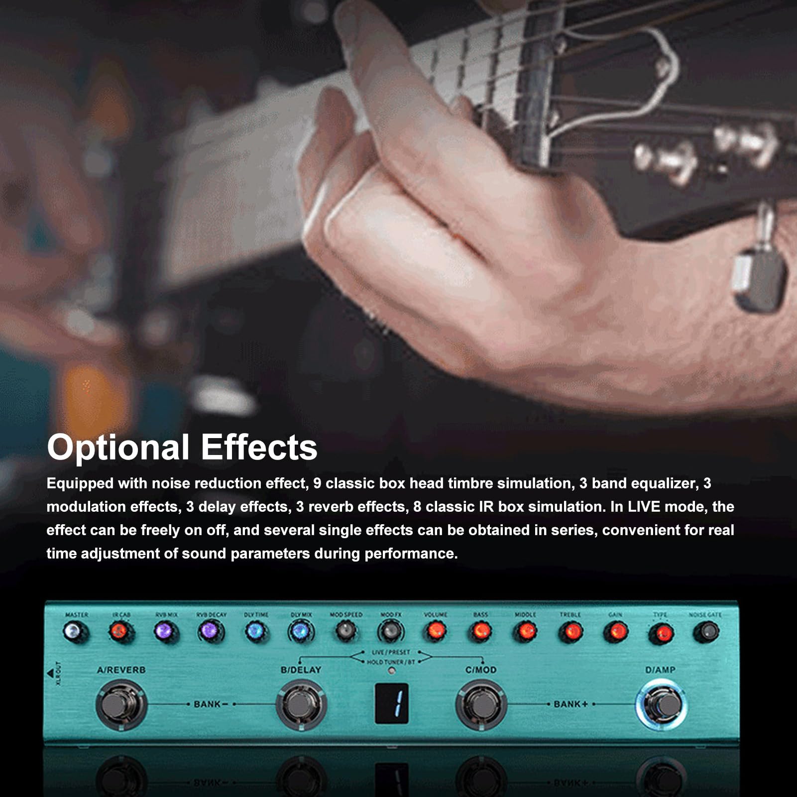 Digitaler Gitarren-Multieffekt-Pedalprozessor mit 36 ​​editierbaren Voreinstellungen, 3-Band-Equalizer, 8 IR-CAB-Steckplätze für Smartphone-Aufnahmen, Kabellose Verbindung