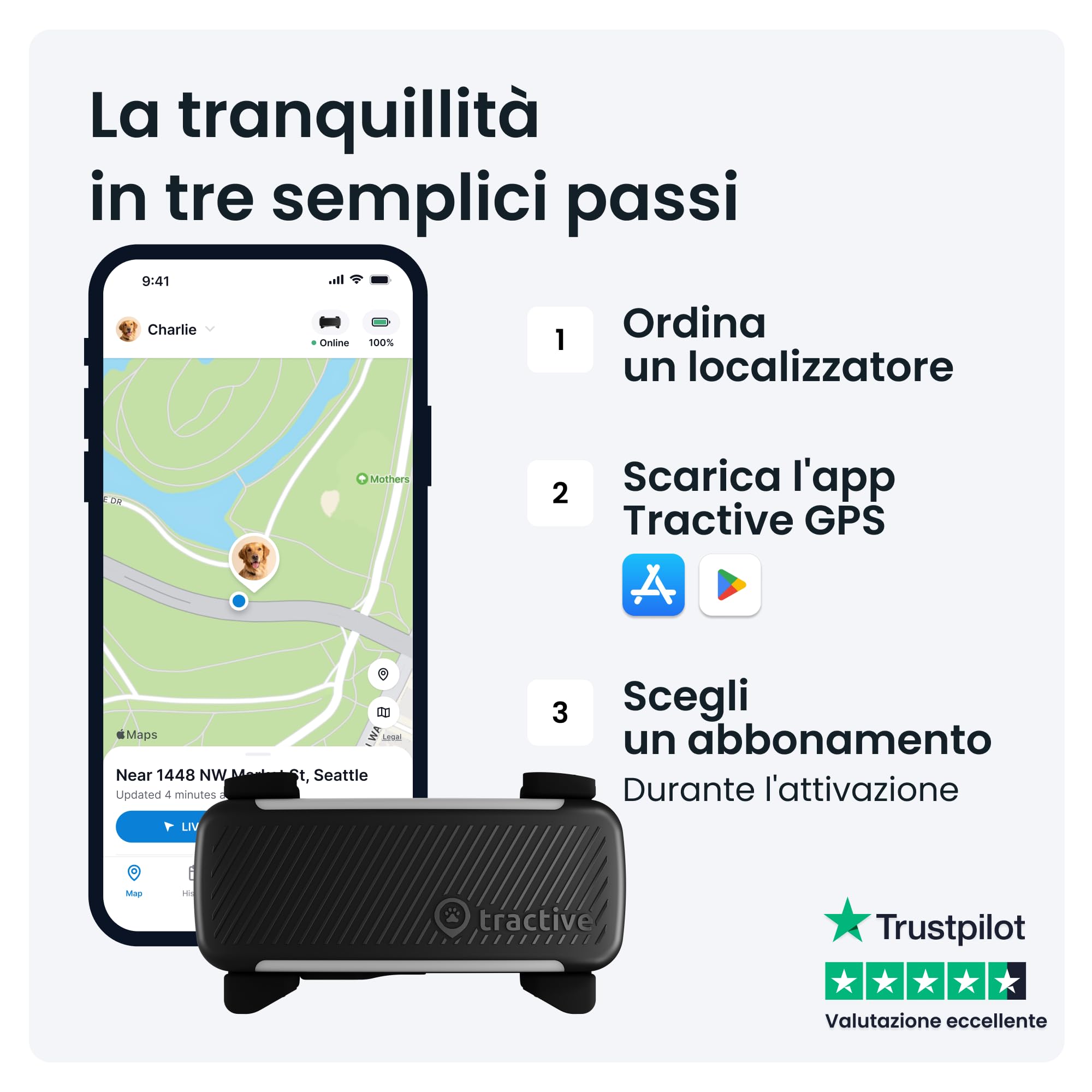 Tractive – Obroża GPS dla psa, zestaw z etui w kolorze oliwkowym | Edycja 2025 | Lokalizacja GPS na żywo | Alerty przeciwbieżne i zdrowotne | Monitorowanie wskaźników życiowych | Lider rynku (Czarny)
