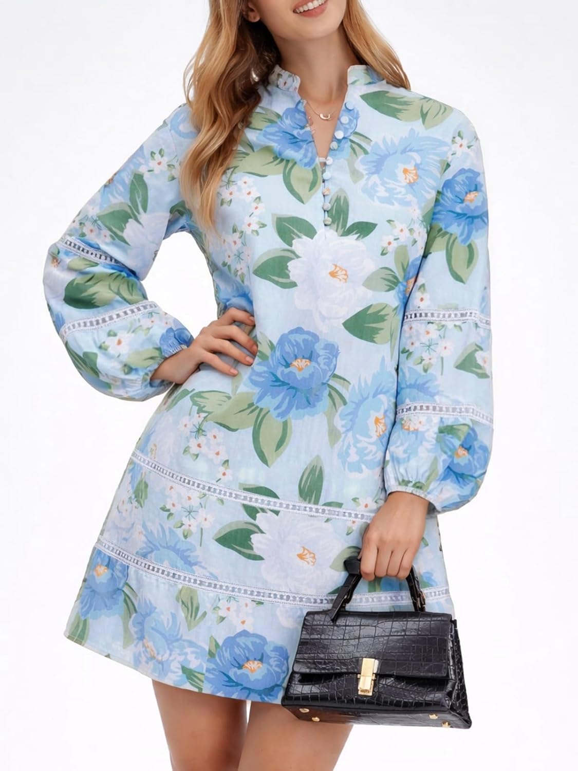 Women Floral Mini Dress Puff Long Sleeve Stand Collar Casual A Line Shift Short Dress