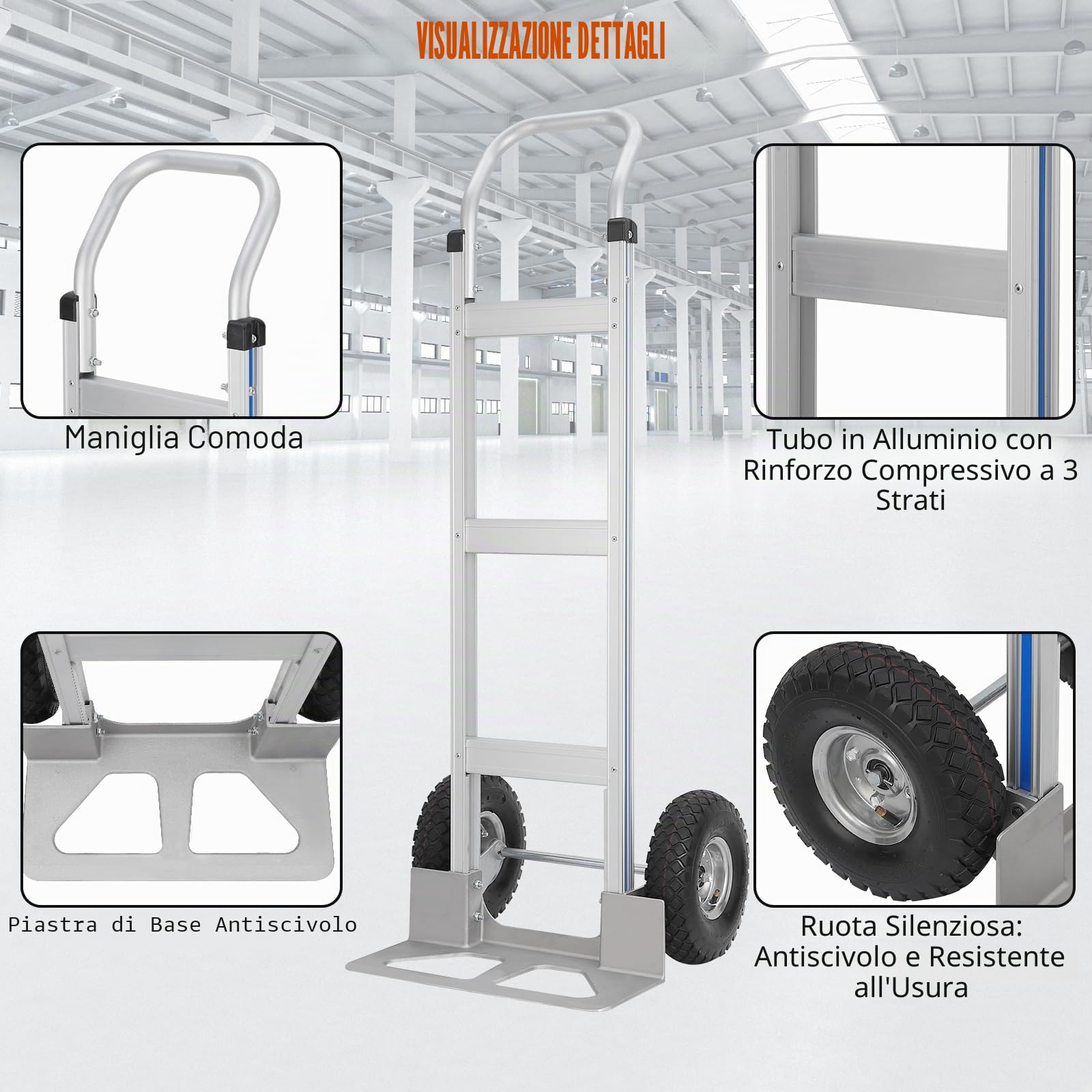 Carrello il trasporto di carichi pesanti da ufficio Piattaforma lega alluminio portata 250 kg maniglia orizzontale ruote gomma da 25 cm pieghevole Ideale per traslochi, pacchi e bagagli
