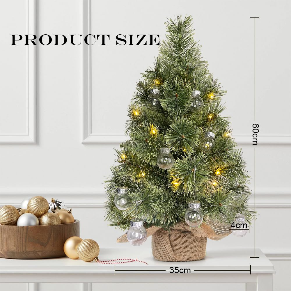 Mini Künstlicher Weihnachtsbaum Mit Beleuchtung 60cm, Weihnachtsdeko Tisch Büro, Tisch Weihnachtsbaum Klein Mit Weihnachtskugel Lichterkette, Christmas Tree With LED, Tannenbaum Für Schaufenster, Haus