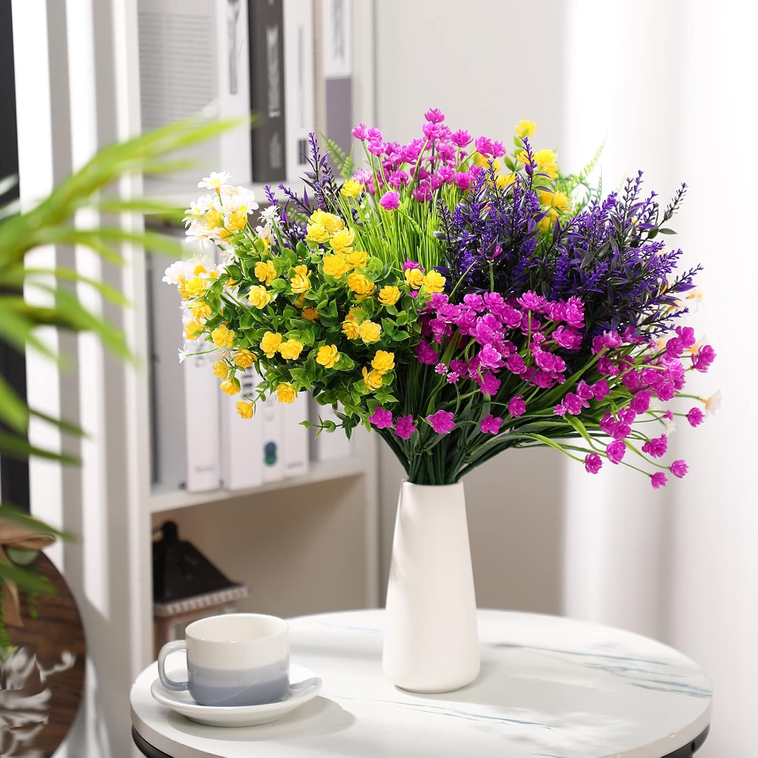 Cindeer 24 Pcs Artificial Flowers Plants for Outdoors, UV Resistant Artificial Fake Plants Plastic Faux Flowers Planters Outdoor Indoor Spring Summer for Decors Wedding (Lively Color)