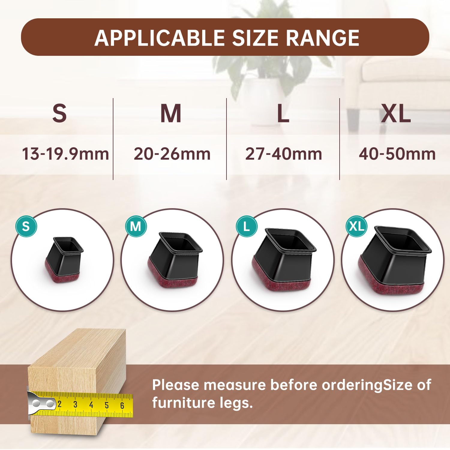 32 Pezzi Gommini per Sedie Quadrati, Feltrini per Sedie Nero Silicone Con feltrini, Protezioni per le gambe delle sedie in per pavimenti in legno(Fit: 40-50mm)