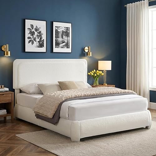 Miniatura 8 de Flolinda Base de cama tapizada de tamaño matrimonial con cabecera ajustable, plataforma moderna con listones de madera de tela Boucle, perfil bajo,