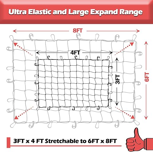 Miniatura 4 de Red de carga con núcleo de látex natural para portaequipajes de techo de coche SUV  3 x 4 pies se estira hasta 6 x 8 pies de red elástica pequeña