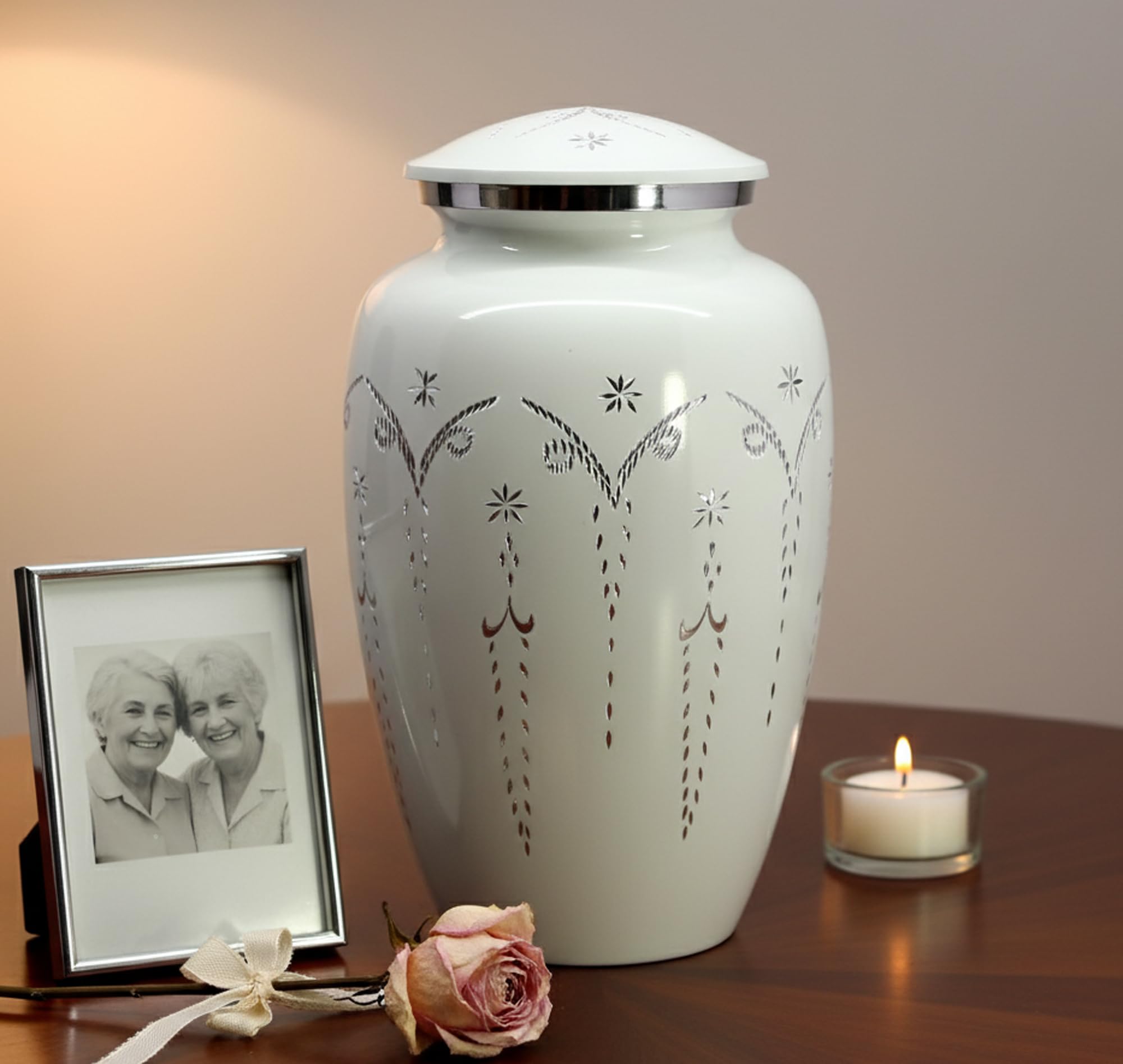 Esplanade White Metal Cremation Urn Memorial Jar Pot Container | Full Size Engraved Urn For Funeral Ashes Burial | Metal Urns | - 10" Inches
