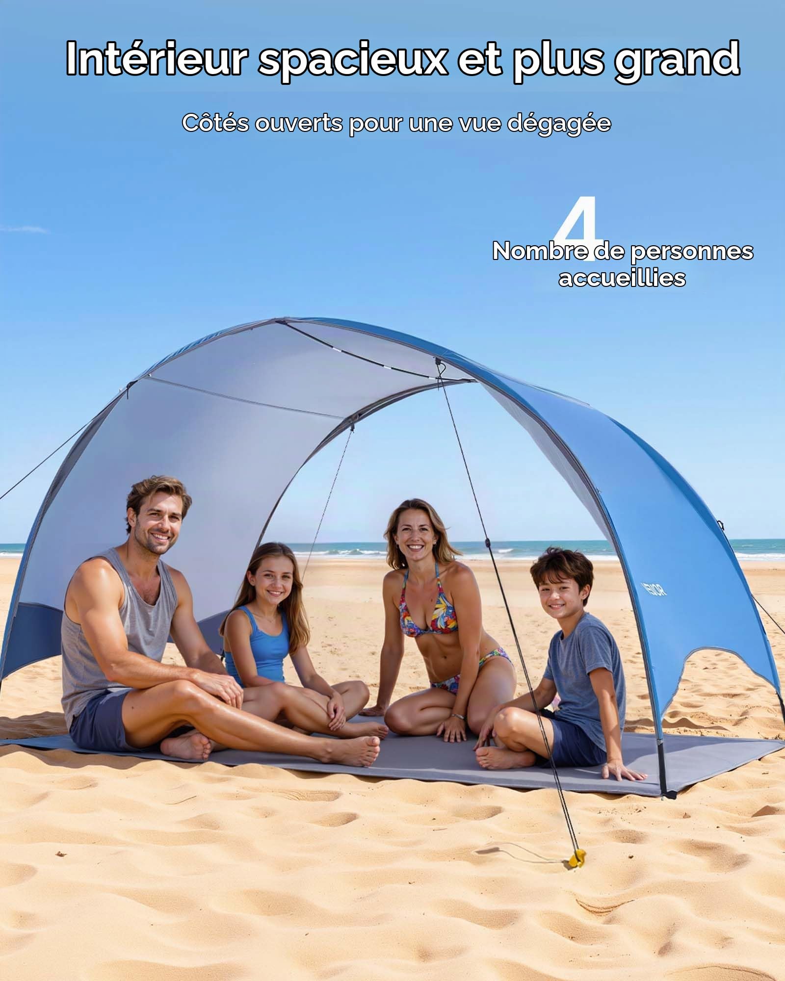 VEVOR Tente de Plage pour 4 Personnes, Abri de Plage Portable, pour Camping Pêche Pique-niques en Plein Air, Auvent Anti-UV Protection UPF 50+, Abri Soleil Léger avec Sac de Transport et Piquets