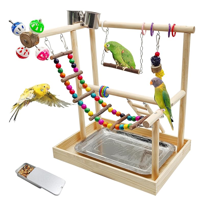 Suporte para Gaiola de Aves PINVNBY em Madeira Natural com Playground, Ponte e Dois Andares, 38 x 28 x 41 cm, 1 unidade