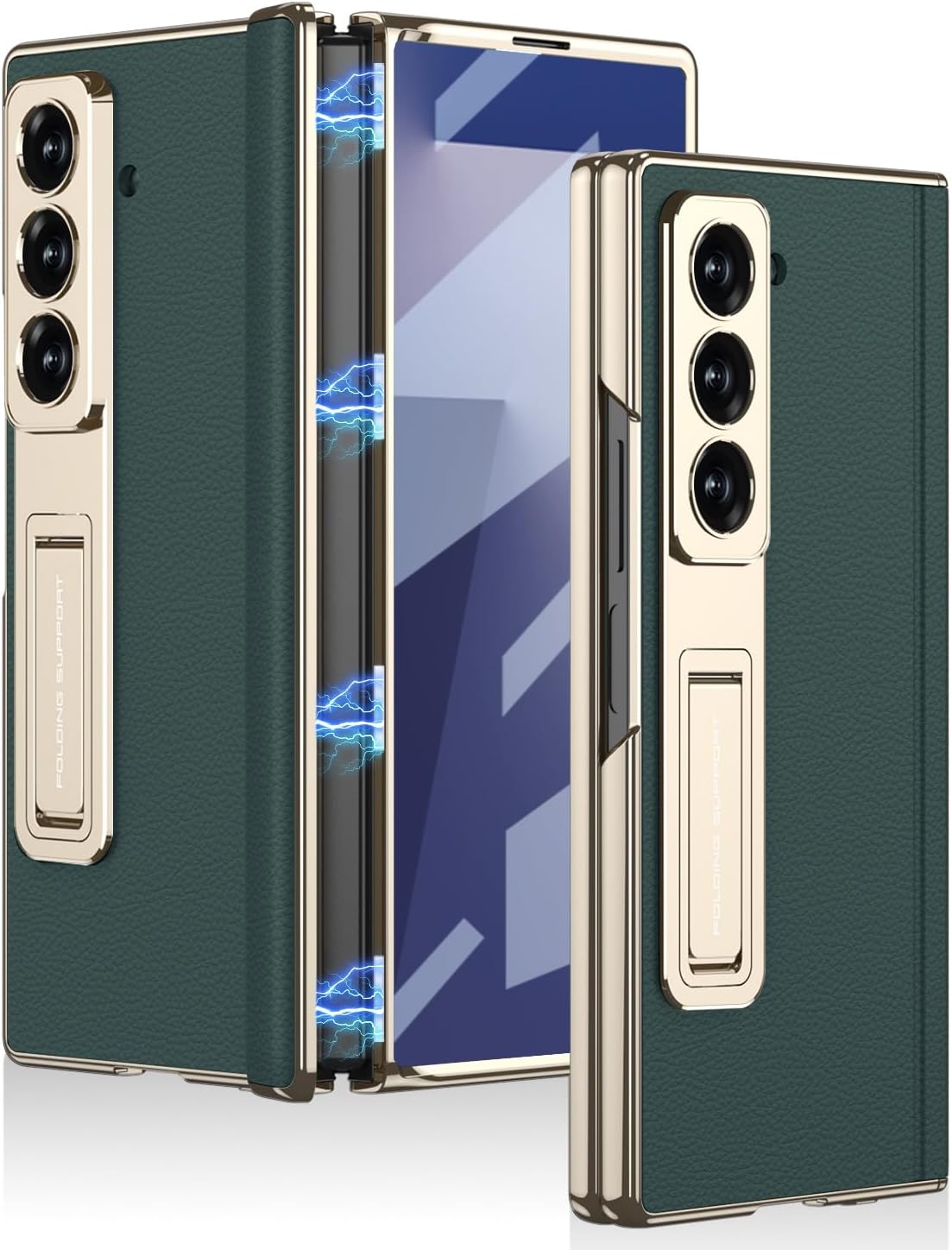 Magnetic Hinged Leather Phone Case for Samsung Galaxy Z Fold 7, All-Inclusive Flip Shell for Z Fold7, Anti-Fall Cover with Bracket (Black-Gold)