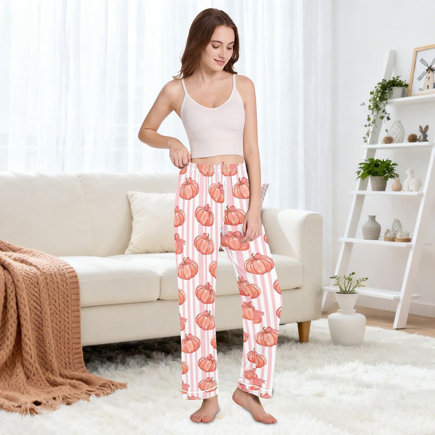 Pajama Pants Women Fall Pumpkin Pink Stripes Soft Sleep Lounge Pj Bottoms with Pocket S-XXL