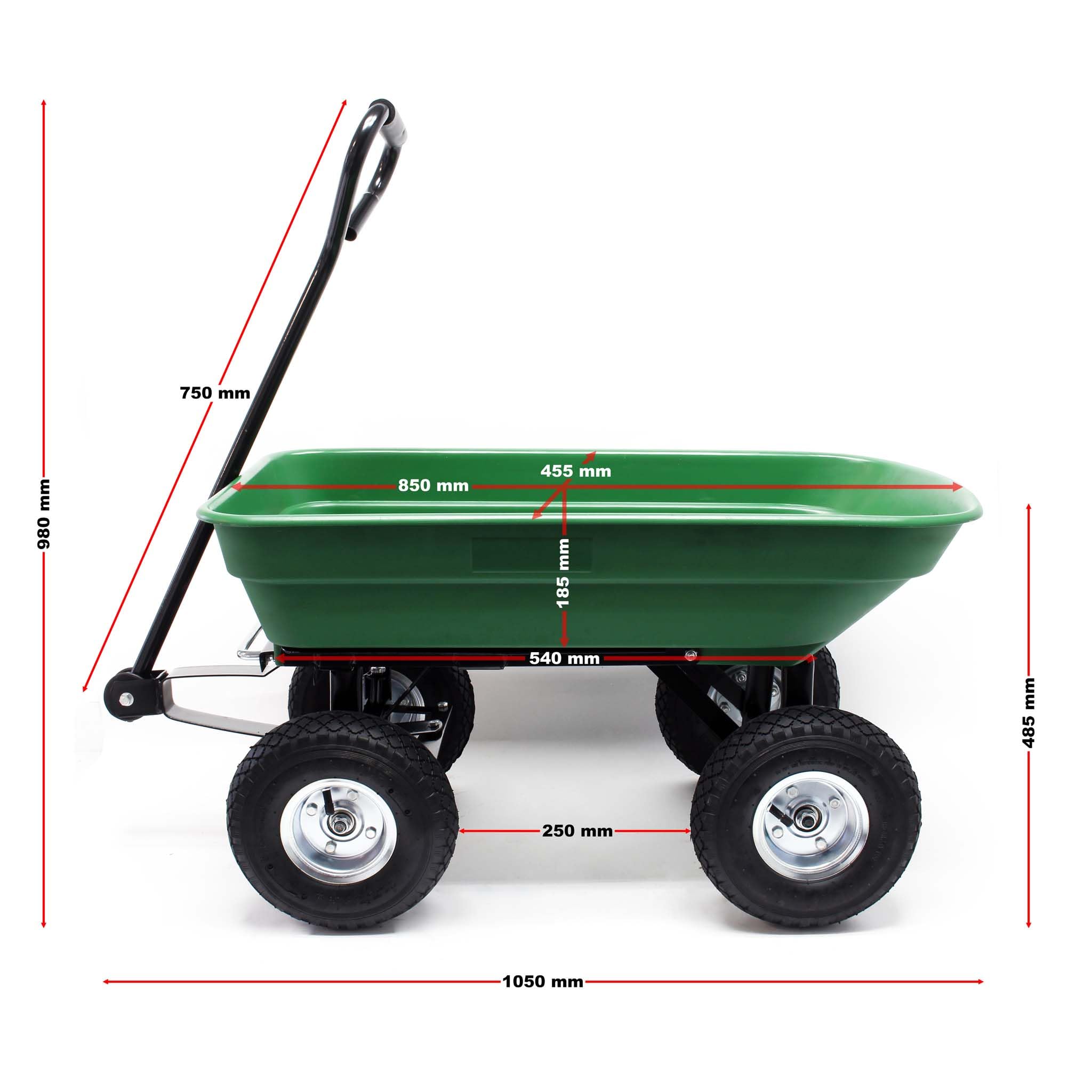 Wiltec Chariot de Jardin à Main – 1050 x 450 x 485 mm – Volume 50 L – Capacité de Charge 200 kg – avec Benne basculante et 4 Roues – Remorque Brouette jardinerie