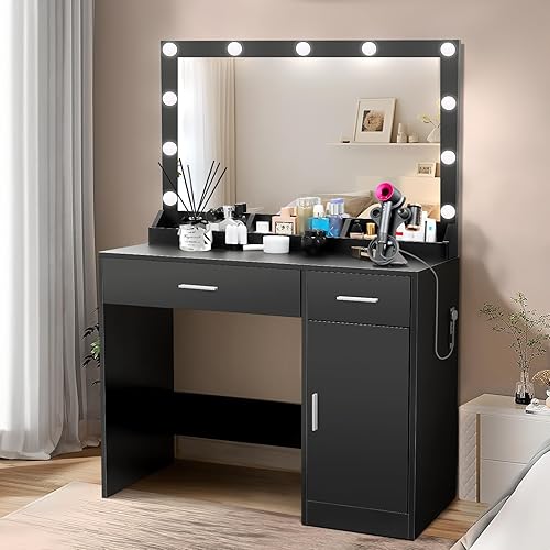 Miniatura 7 de Mesa de maquillaje con espejo grande iluminado, escritorio de maquillaje con 11 luces y toma de corriente, 2 cajones con gabinete de almacenamiento,