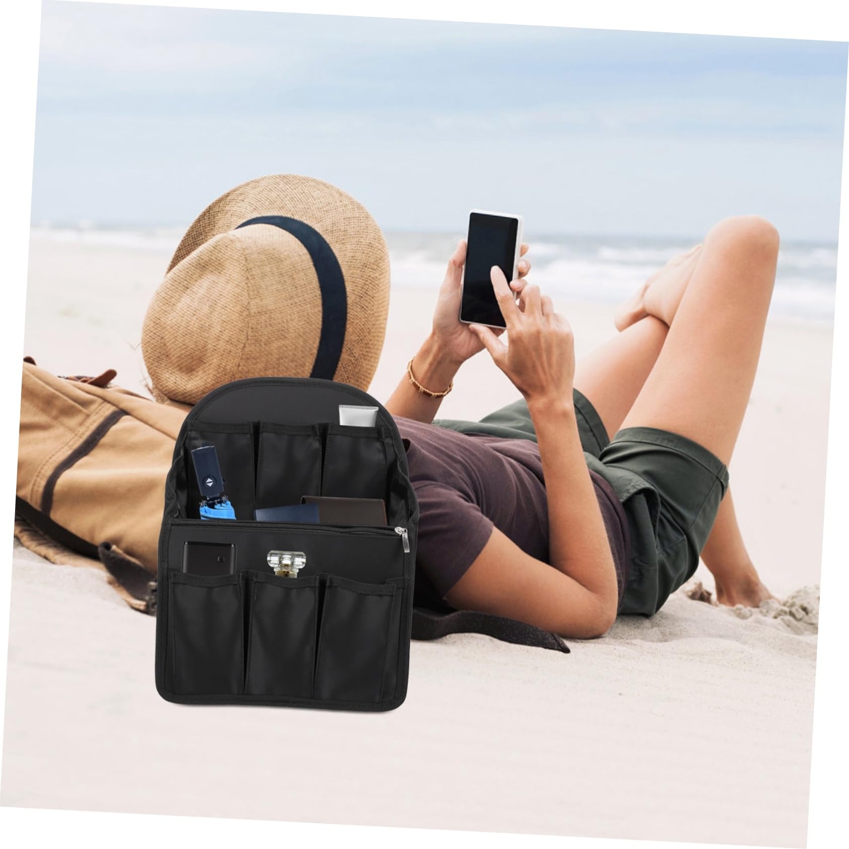 BESPORTBLE Organizador de Mochila con Múltiples Bolsillos y Ranuras de Nylon Negro Compacto y Fácil de Llevar para Viaje y Uso Diario