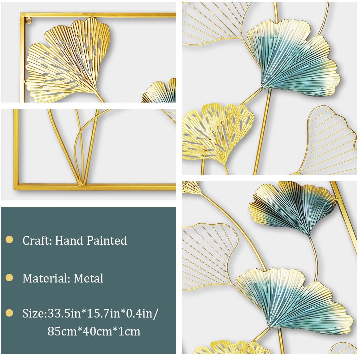HUIZHILANXIN Metal Wall Art Set of 2 Gold Wall Decor Ginkgo Leaf Wall Decorations with Frame for Living Room Bedroom Study Room Home Office (33.5" X 15.75") 4 71P3UrQhlJL. AC SL1200