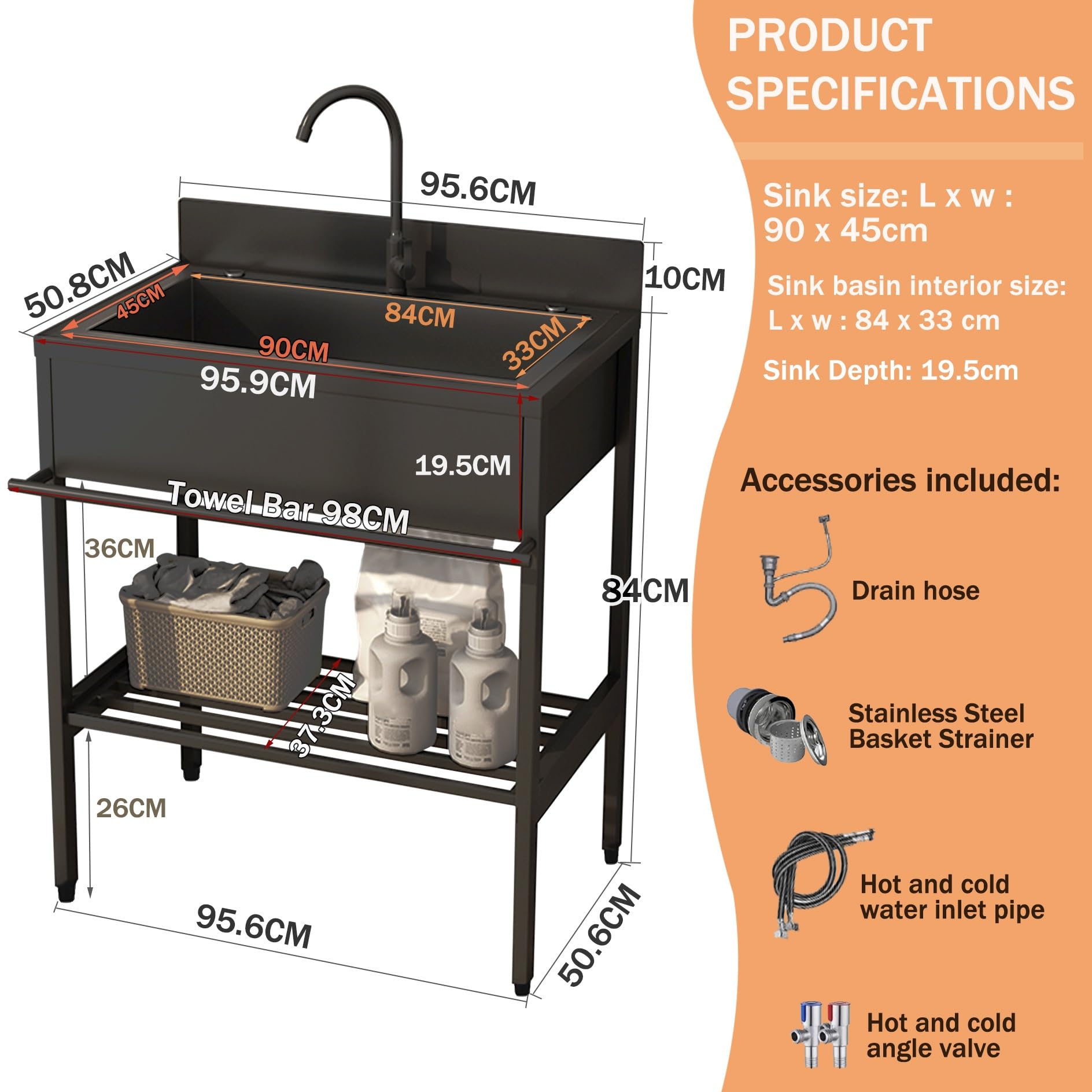 Lavandino da Esterno con Rubinetto,Lavello Cucina 1 Vasca in Acciaio Inox con Mobile,Lavabo da Giardino Autoportante,Lavelli Commerciale con Kit di Troppo Pieno,per Ristorante,Garage,Interno(96x51x94c