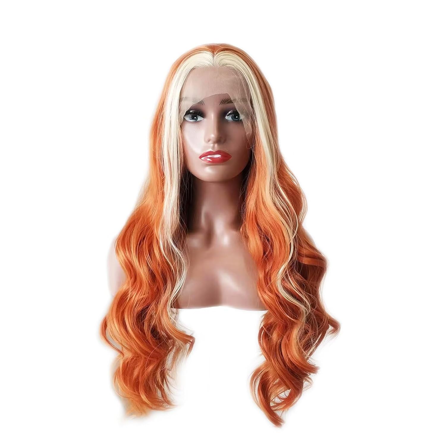 RONGDUOYI RDY Long Hair Highlight Orange Blonde Body Wave Synthetic Lace Front Wig 150% Density Free Part 13×4 Lace Part Heat Resistant Glueless Mixcolor Wigs for Women Girls Daily Makeup Use 20 Inch