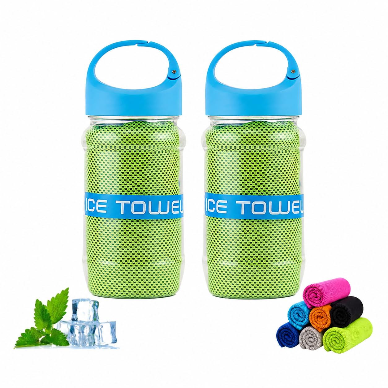Cooling Towels, 100x30cm Ice Cool Neck Towel with Storage Bottle, Soft Breathable Microfiber Cooling Towel for Neck & Face, Quick Dry Sports Towels for Yoga, Golf, Gym, Running, Camping (green 2pcs)