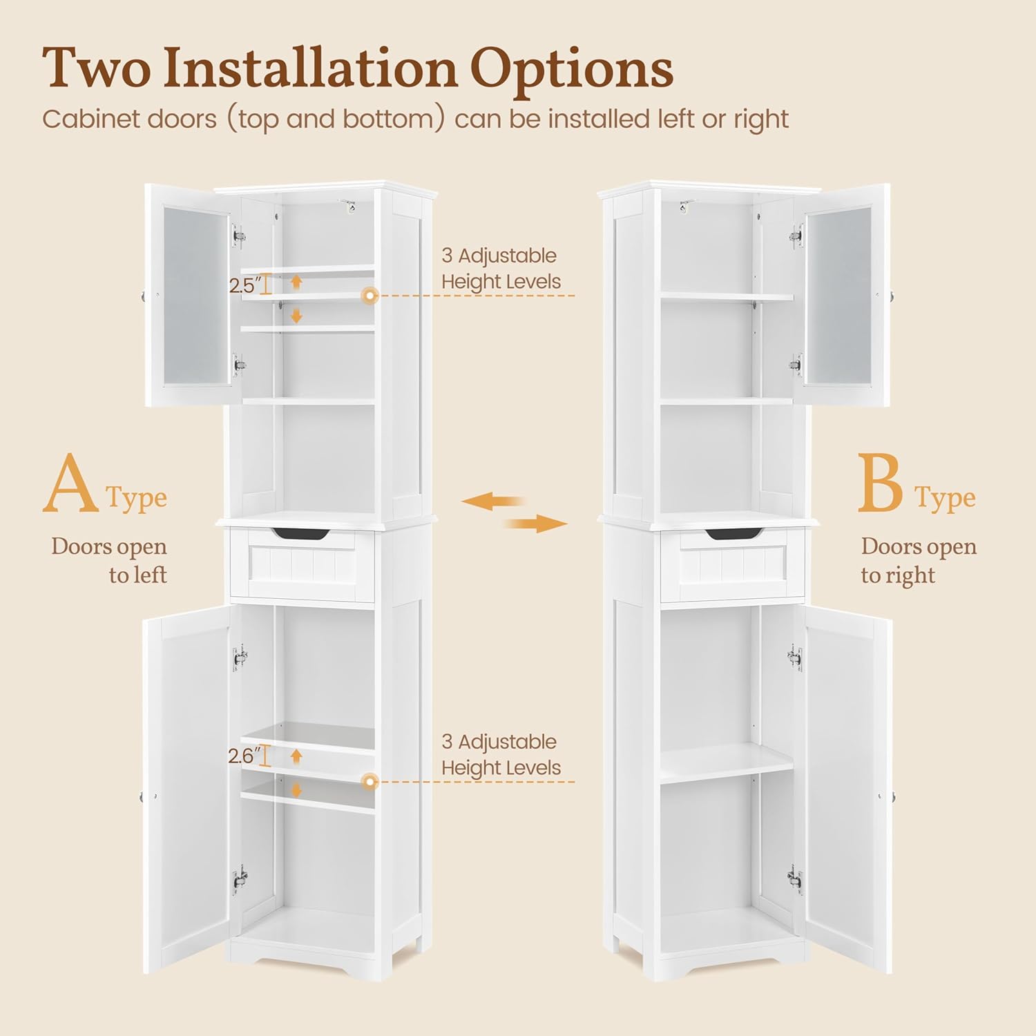 Yaheetech 67”Tall Bathroom Storage Cabinet,Narrow Floor Cabint with 2 Doors and 1 Drawer,Slim Bathroom Organizers,Adjustable Shelves,Storage Unit for Living Room, Entryway,Kitchen,White