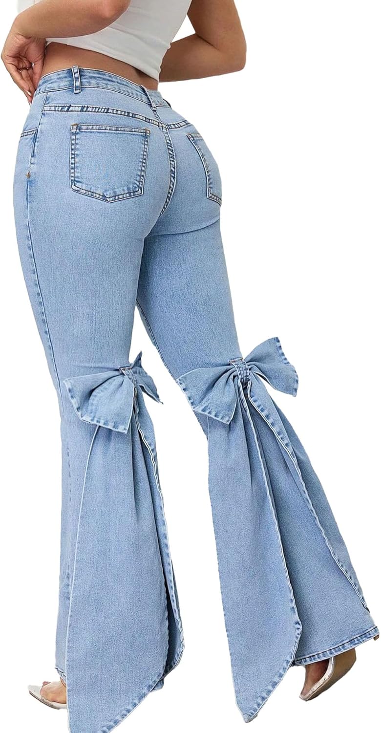 Raboolion Womens Fashion Y2K Bodycon Bell Bottom Jeans High Waist Curvy Stretchy Denim Pants with Bow Tie Design