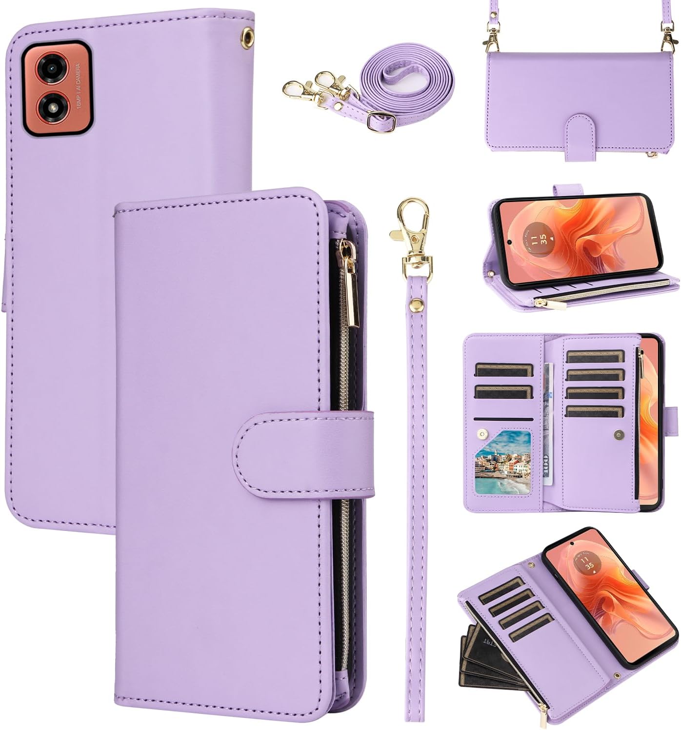 Wallet Case for Moto G04/G04s with Wrist Strap Crossbody Shoulder Strap Leather Flip Zipper Purse Card Holder Slots Protector Stand Cell Accessories Phone Cover Motorola Moto G24 Girls Purple