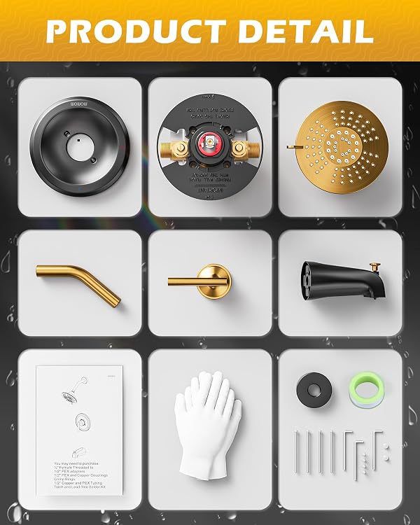 Shower Faucet Set with Valve, WOWOW Shower Trim Kit with 6-Inch Rain Shower Head and Tub Spout, Single Handle Shower Tub Combo complete Sets Wall Mount, Black and Gold by WOWOW - Used condition - Image 8