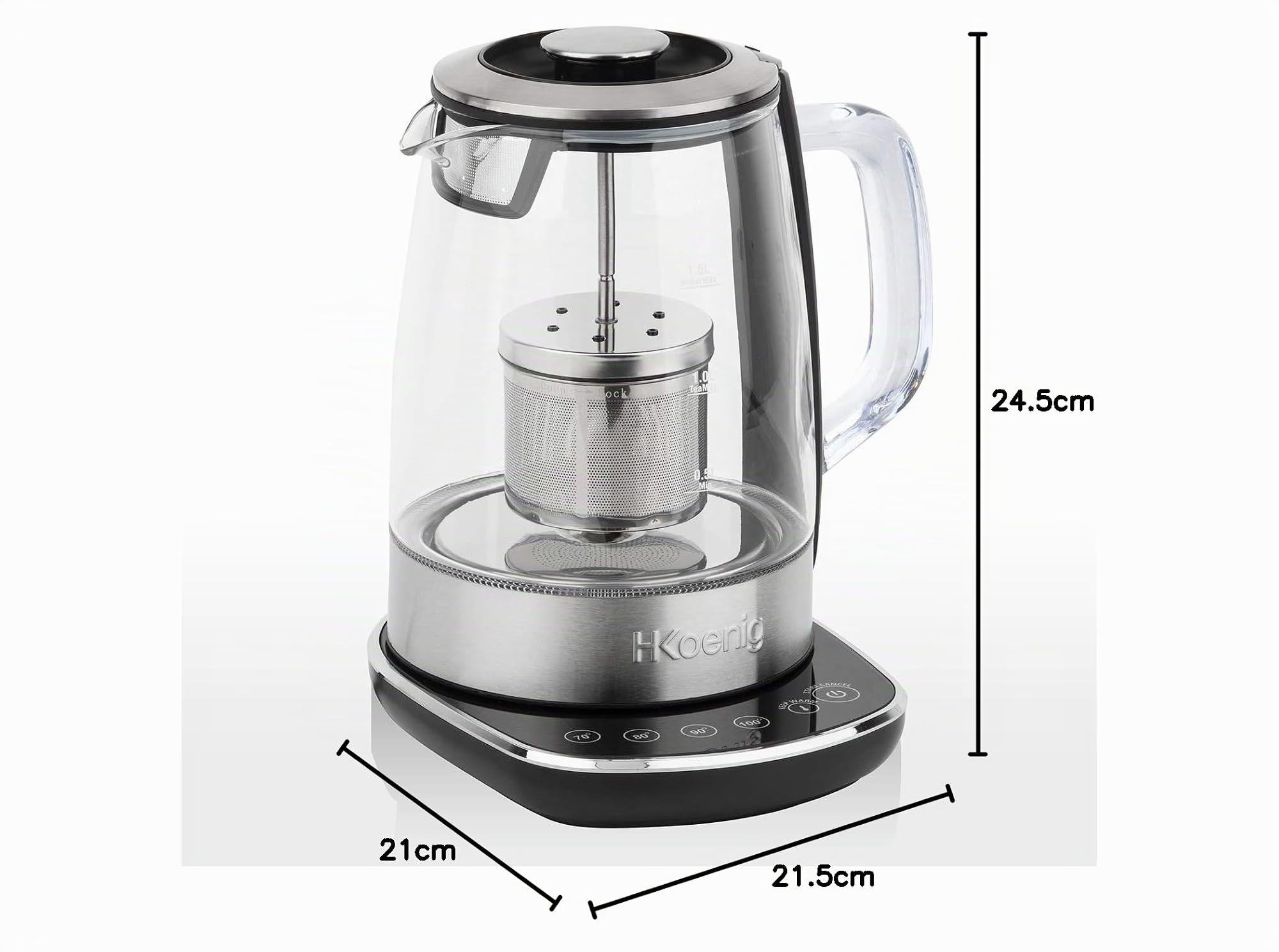 H.Koenig Instant T Teekanne Elektrischer Glas-Wasserkocher 1.5L TI600 mit Edelstahl-Teefilter 2200W Kompakt, Schnellkochtopf, Regulierbarer Thermostat 70° bis 100°C, Warmhalten, 2Deckel
