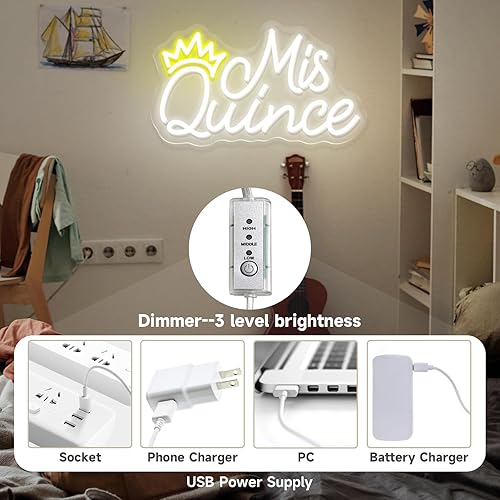 Miniatura 6 de Letrero de neón con texto en inglés "Mis Quince" para decoración de pared, dormitorio, estética, fiesta de cumpleaños, novio, novia, amante,