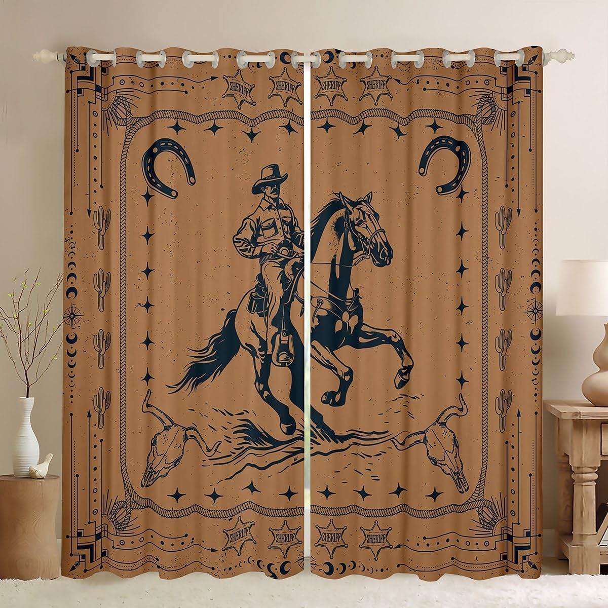 Western Cowboy Window Curtains Western Bull Skull Horseshoe Print Window Drapes, Cowboy Riding Horse Cartoon Window Treatments, Kids Boy Teen Room Decor, Grommet Top 2 Panel Set Curtains, 38Wx45L inch